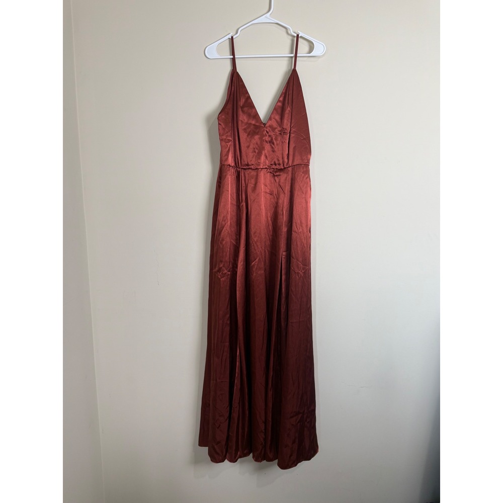 Galina Signature Maxi Dress Wm 14 Rust Satin V-Neck Slit Formal Boho Luxe Chic